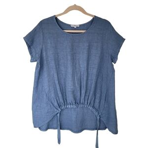 Vanessa Zani Italian Linen Relaxed Fit Short Sleeve Blue Top